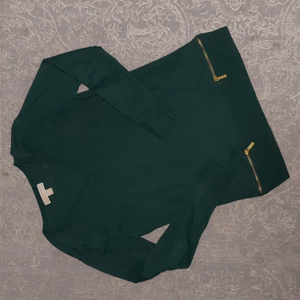 Michael Kors Forest Green V-Neck Sweater with Gold Zipper Detail